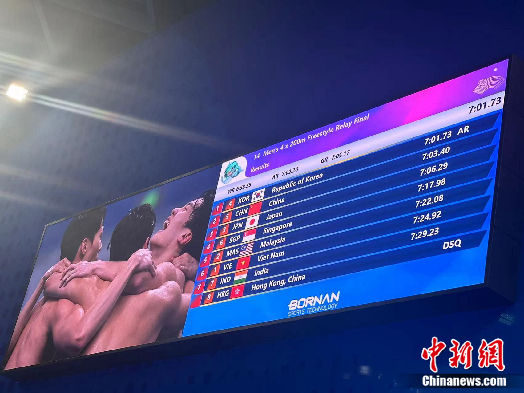 杭州亚运会男子4x200米自由泳接力赛中国队摘银